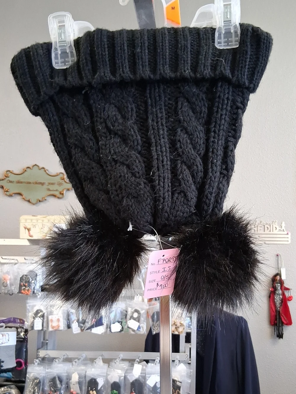Kids Black Cable Knit Hat with Dual Faux Fur Pom Poms